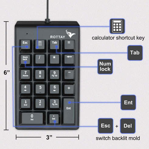 Rottay 22 Number Pad, Mechanical USB Wired Numeric Keypad with Blue LED Backlit Key Numpad for Laptop Desktop Computer