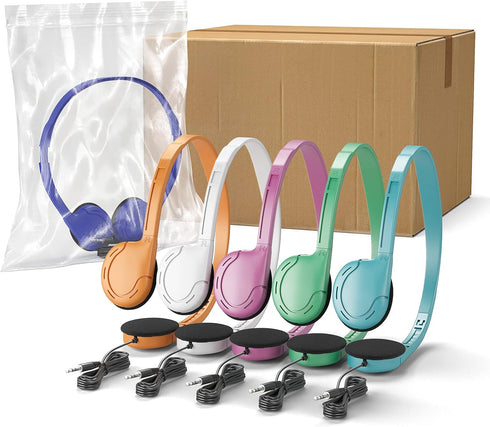 School Headphones 12 Pack, Multi Colors, Bulk Wired Disposable Kids Headphones for Classroom
