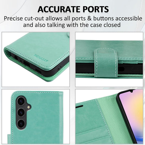 MONASAY Mint Wallet Case for Samsung Galaxy A25 5G, RFID Blocking, Flip Folio Leather, with Glass Screen Protector &