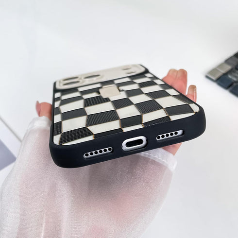SOKAD 3D 17 Checkered Phone Case for iPhone Pro Max with Finger Strap Kickstand, Cute Checkerboard Design with Finger