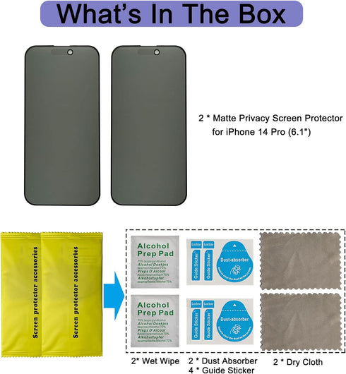 iPhone 14 Pro 6.1" Matte Privacy Screen Protector 2 Pack, Anti-Glare, Scratch Resistant, Smooth Touch, Full Coverage.