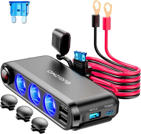12V Car Cigarette Lighter Socket, 200W 3 Socket Plug Splitter, USB Charger Adapter, 12 Volt Power Outlet with Eyelet