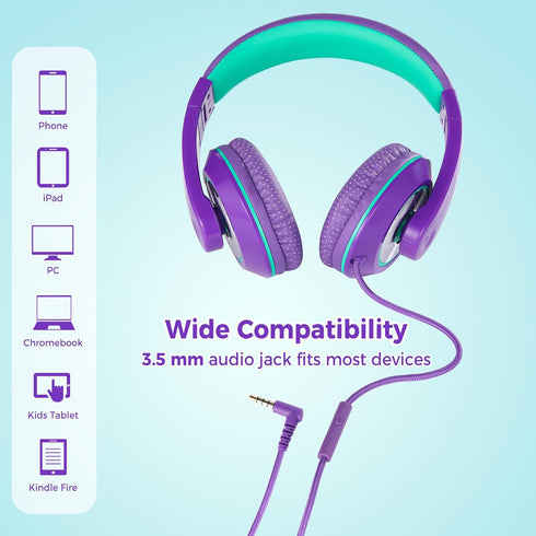 rockpapa Comfort+ Kids Headphones with Microphone, Boys Girls Student Over-Ear Wired Headphones for School, Purple Green