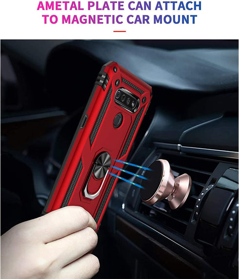 TJS Heavy Duty Drop Protector Phone Case for LG K51, Q51, Reflect, with Tempered Glass Screen Protector, Metal Ring &