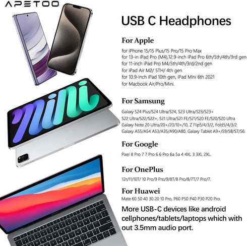USB C Headphones with Charging for iPhone 15 Plus Pro Max, Samsung S24 S23 S22 A53 - Magnetic Wired Earbuds with Mic