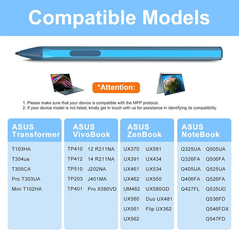 Blue Stylus Pen for ASUS Transformer/Zenbook/Vivobook Flip/Notebook Touchscreen Laptop, Rechargeable MPP 2.0 Tilt Pencil
