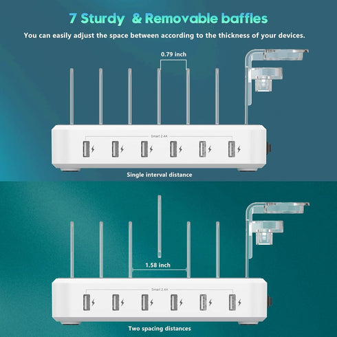 Charging Station for Multiple Devices, 60W 6 Port Charger Station with 7 Mixed Charging Cables, USB Charging Dock,