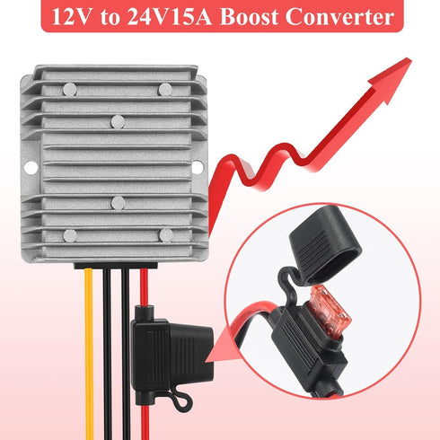 DC/DC 10-22V to 24V Voltage Converter with Fuse 24V15A 360W MAX Power Transformer Waterproof Boost Module for Automotive, LED Lights, Construction Sites Tools.