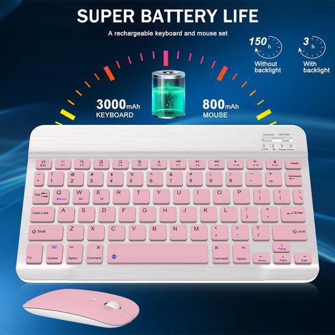 Rechargeable Bluetooth Keyboard and Mouse Combo, Ultra-Slim Wireless Set for Android, Windows, iPad, Pink