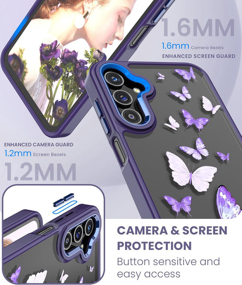 Shop Samsung A15 5G Case with Tempered Glass Protector, Military Grade Slim TPU & Hard PC, Purple Butterfly Design.