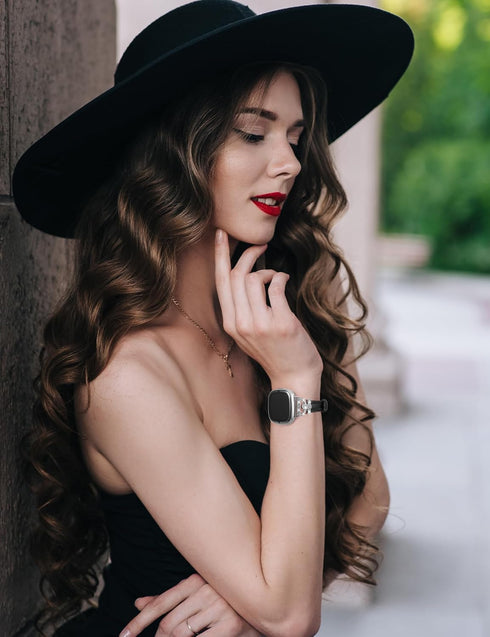 Minyee Leather Bands for Fitbit Versa 4/Versa 3/Sense 2, Dressy Bling Slim Leather Strap with D-shaped Diamonds Metal