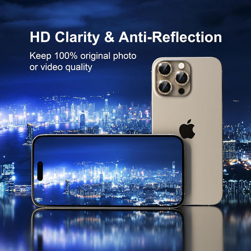 Gold Glitter Camera Lens Protector for iPhone 15 Pro/Pro Max - 9H Tempered Glass with Metal Ring Decoration.