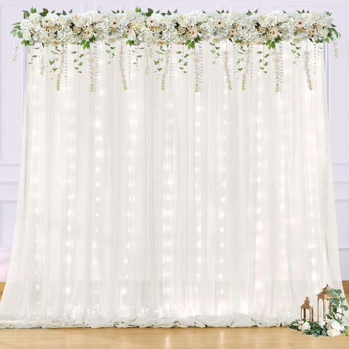 Shillance 10x10ft Cream White Chiffon Backdrop Curtain with Lights String for Wedding Sheer Tulle Curtain Photo