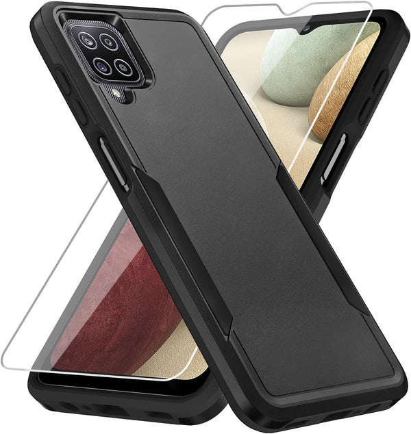 Galaxy A12 Case with Screen Protector, Heavy-Duty Tough Rugged Slim Shockproof Protective Case for Samsung A12, Black