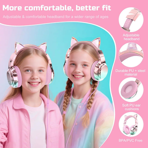 85/94dB Headset, QearFun Kids Cat Ear Headphones Wired with Mic, Safe Volume Limit, Sparkly Wired Foldable, Sharing