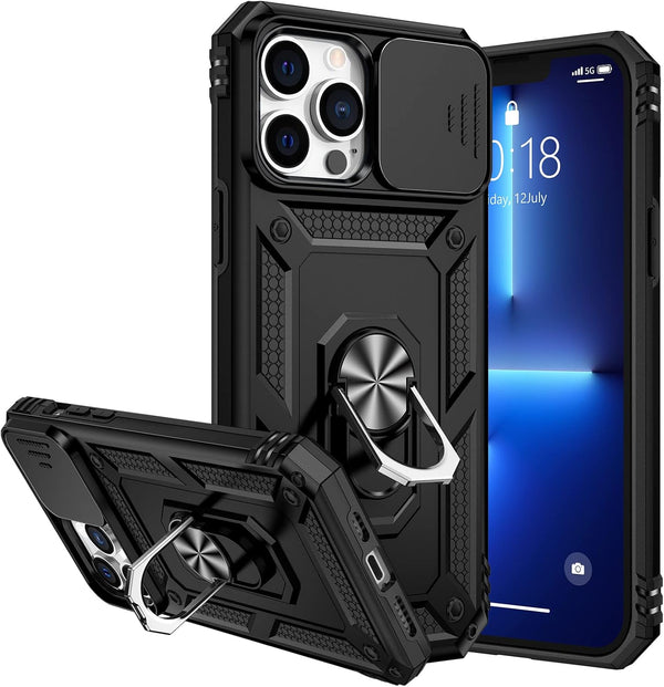 iPhone 13 Pro Max Case with Slide Camera Cover & 360° Rotate Ring Stand, Military Drop Protection, Black