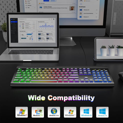 Atelus Large Print Backlit Keyboard, USB Wired Computer Keyboard, Full Size Keyboard with Rainbow Illuminated LED