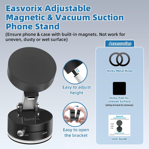 Easvorix 17 Vacuum Magnetic Phone Holder with Metal Ring Compatible with iPhone All Phone, Portable Universal
