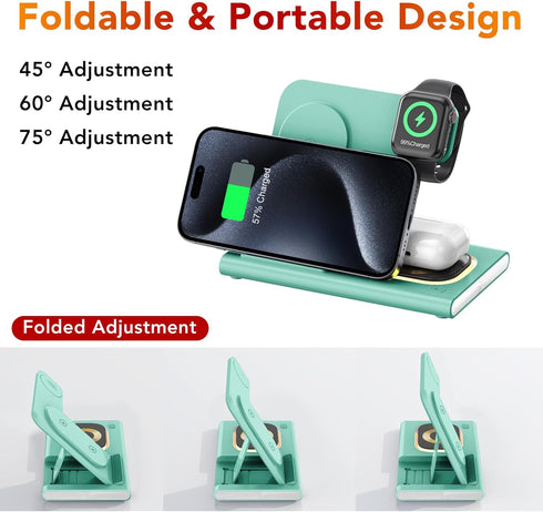 3 in 1 Foldable Charging Station for Apple Products, Fast Wireless Charger Dock for iPhone, iWatch, AirPods (Green)