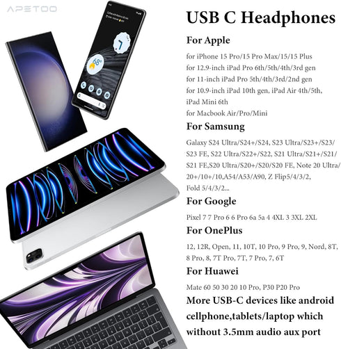 USB C Headphones for iPhone 15 Pro Max/Samsung S24 Ultra, HiFi Stereo USB C Wired Earbuds with Mic - Black