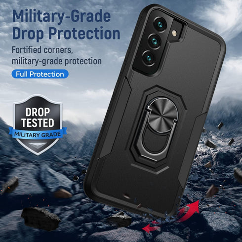 Heavy Duty Shockproof Full Body Phone Cover for Samsung Galaxy S22 with Screen Protector, Built-in Finger Ring Kickstand