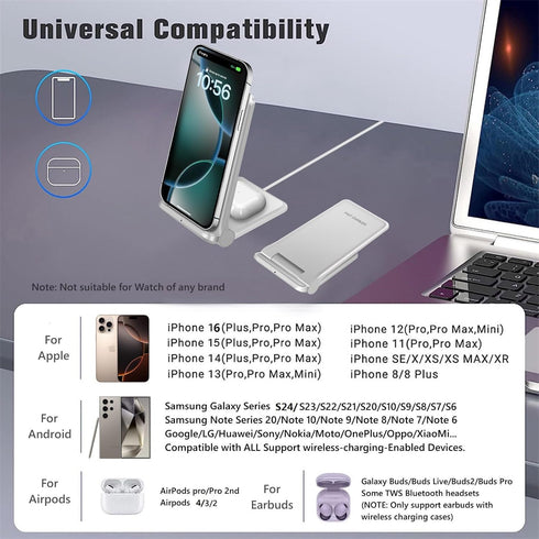 2 in 1 Wireless Charger - Foldable 20W Fast Wireless Charging Stand Compatible with iPhone 16/16