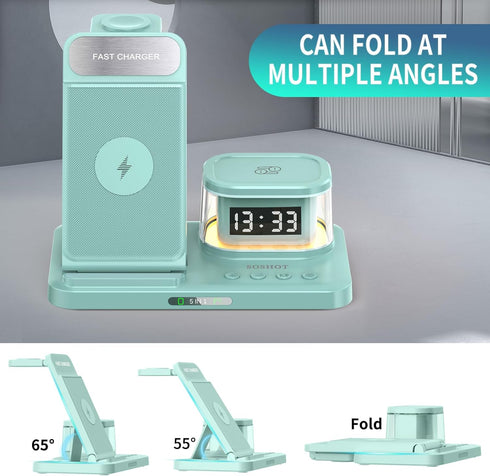 5 in 1 Foldable Wireless Fast Charger with Night Light Transparent Clock for Apple Devices, iPhone 15/14/13/12/11 Pro