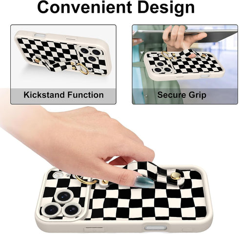 Jefonha 17 Compatible with Phone Pro Max Case with Finger Strap for Girls Women, Cute Checkered Checkerboard Phone Case