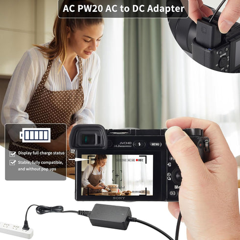 F1TP AC PW20 Power Supply Adapter - NP-FW50 Dummy Battery Coupler Kit for Sony Alpha A6000, A7II, RX10 II, III, IV