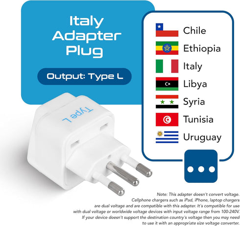 Ceptics Italy Power Adapter, Type L Plug, Universal Travel Adapter for Chile, Italy, 3 Pack