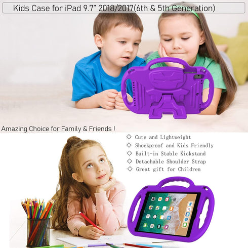 LTROP Kids Case for iPad 5th/6th Generation & Air 2, Shockproof Bumper Cute Kid Case with Shoulder Strap (Purple)