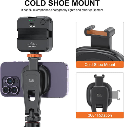 VRIG MG-03 16 15 14 13 12 360 Magnetic Phone Tripod Mount, Tripod Mount for Magsafe Cold Shoe for iPhone Series
