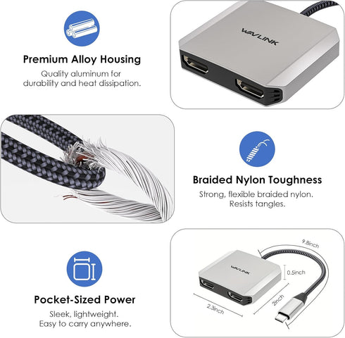 WAVLINK 4K@60Hz 95W USB C to Dual HDMI Adapter, Dual Monitor Splitter, Dual HDMI, PD, Compatible with Dell