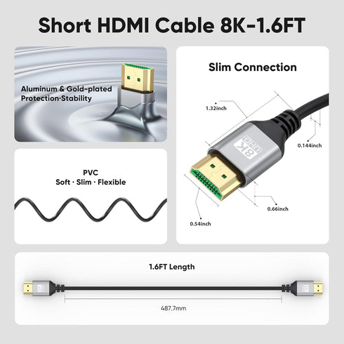 8K 1.6FT 5-Pack, 48Gbps 2.1 HDCP2.3, Dolby HDR10+ PS5, Slim HDMI Cables High-Speed, Short HDMI Cord for Neat, Supports
