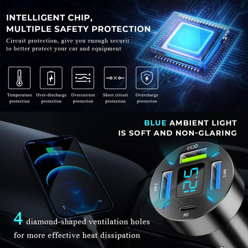 Augeny USB C Car Charger, 4 Port Auto Fast Charger with USB PD & QC 3.0, Cigarette Lighter Adapter for Mobile Phones