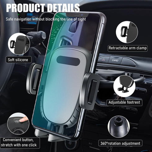 Gasedin 360 Car Phone Holder for CD Slot, Magnetic or One Button Release Hands Free Car Phone Holder, Silicone Pad