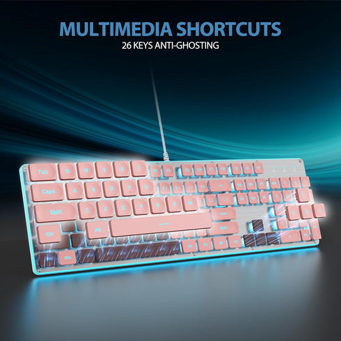 SbocKeeb 104-Key Retro Punk Keyboard - Full Size Typewriter Pink Keyboard with Square Keycap and LED Blue Backlight