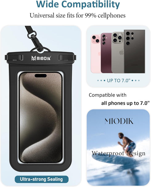 MIODIK Waterproof Phone Pouch with Detachable Lanyard, IPX8 for All iPhones (15, 14, 13...) and Galaxy S24 S23 S22