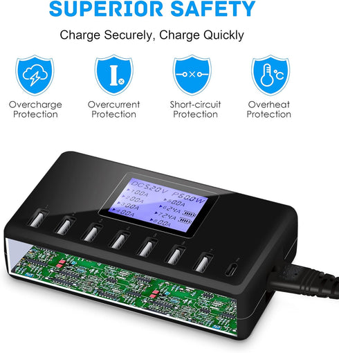 USB Charger, slitinto 60W 12A 8-Port USB Charging Station Multi Port Hub Charger with LCD Display for Multiple Devices