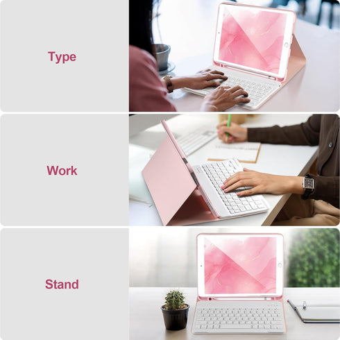 Keyboard Case for iPad 9th/8th/7th Gen 10.2’’, Detachable Bluetooth Keyboard, Pencil Holder, Pink-W