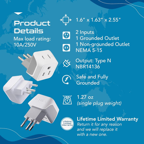 Ceptics Brazil Travel Adapter Plug, Dual USA Input - Type N (3 Pack), Ultra Compact and Safe Grounded