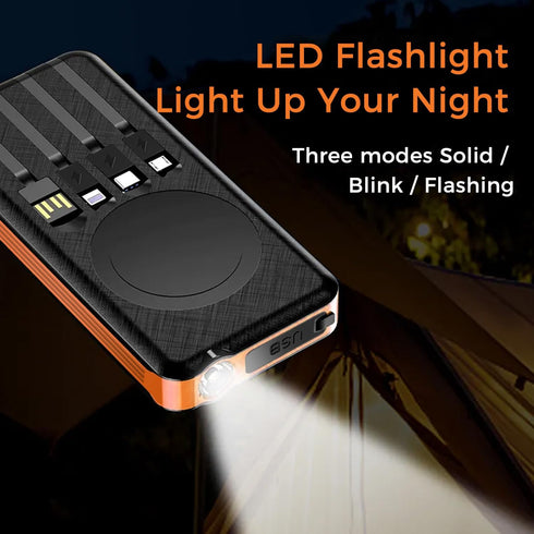 Outdoor Solar Portable Power Bank with Wireless Charging, 10000mAh Battery, IP65 Waterproof, LED Flashlight