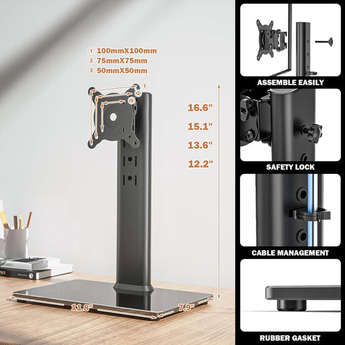 Single LCD Computer Monitor Free-Standing Desk Stand, Height Adjustable for 13-32 Inch Screens, Holds up to 77 lbs