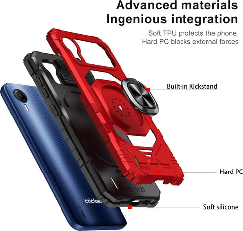TJS Cricket Debut S2 Case, AT&T Calypso 4 Case, Heavy Duty Drop Protection Cover with Metal Ring Magnetic Kickstand