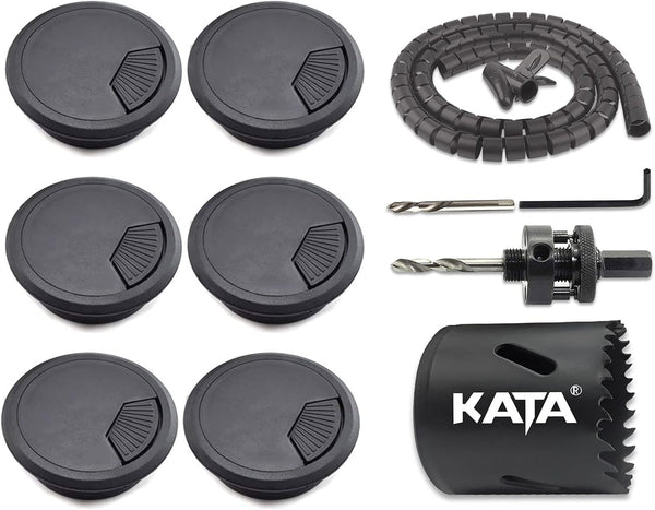 KATA 6-Pack Desk Grommet, 2 Inch Wire Cord Cable Hole Cover with Bi-Metal Hole Saw Kit and Sleeve Management