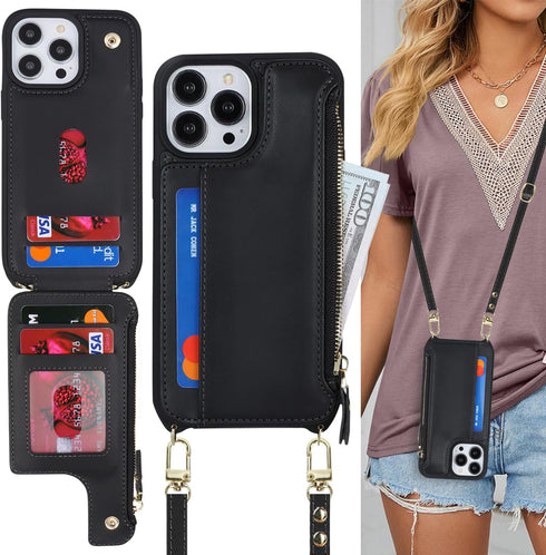 Cavor iPhone 13 Pro Case with Card Holder, Wallet Case for Women, Phone Case with Strap, Crossbody Lanyard and