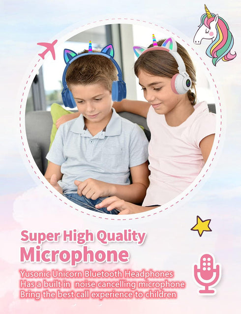 Unicorn Kids Headphones for Girls, Foldable Bluetooth Headphones for Toddlers, Light Up Wireless Headphones for