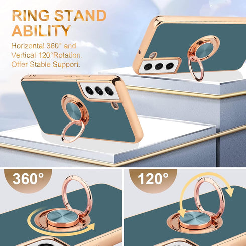 Samsung Galaxy S21 Case Compatible, Grey Finger Ring Holder with Rose Gold Plating Design, Rotating Kickstand
