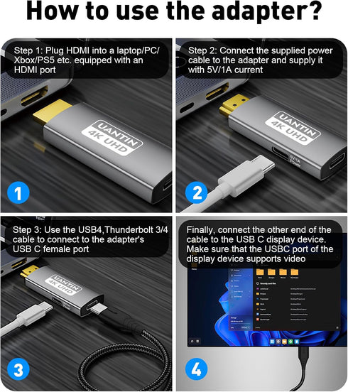 UANTIN (4K 60Hz) Laptop,PS5,XR/AR HDMI to USB C Adapter Uni-Directional HDMI (Source) to Type-C (Display) Male