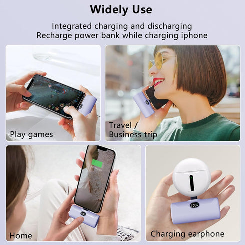 Small USB C Portable Charger, 5000mAh Mini Power Bank with Built-in Phone Stand and LED Light, Compatible with iPhone15